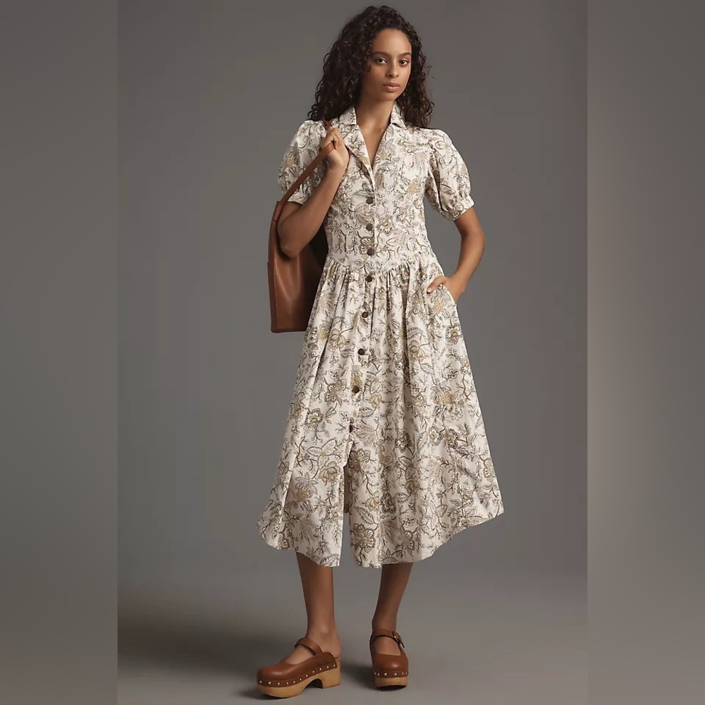 🍂 NWT Pilcro Short-Sleeve Denim Midi Shirt Dress Neutral Motif Corduroy - Size 6
